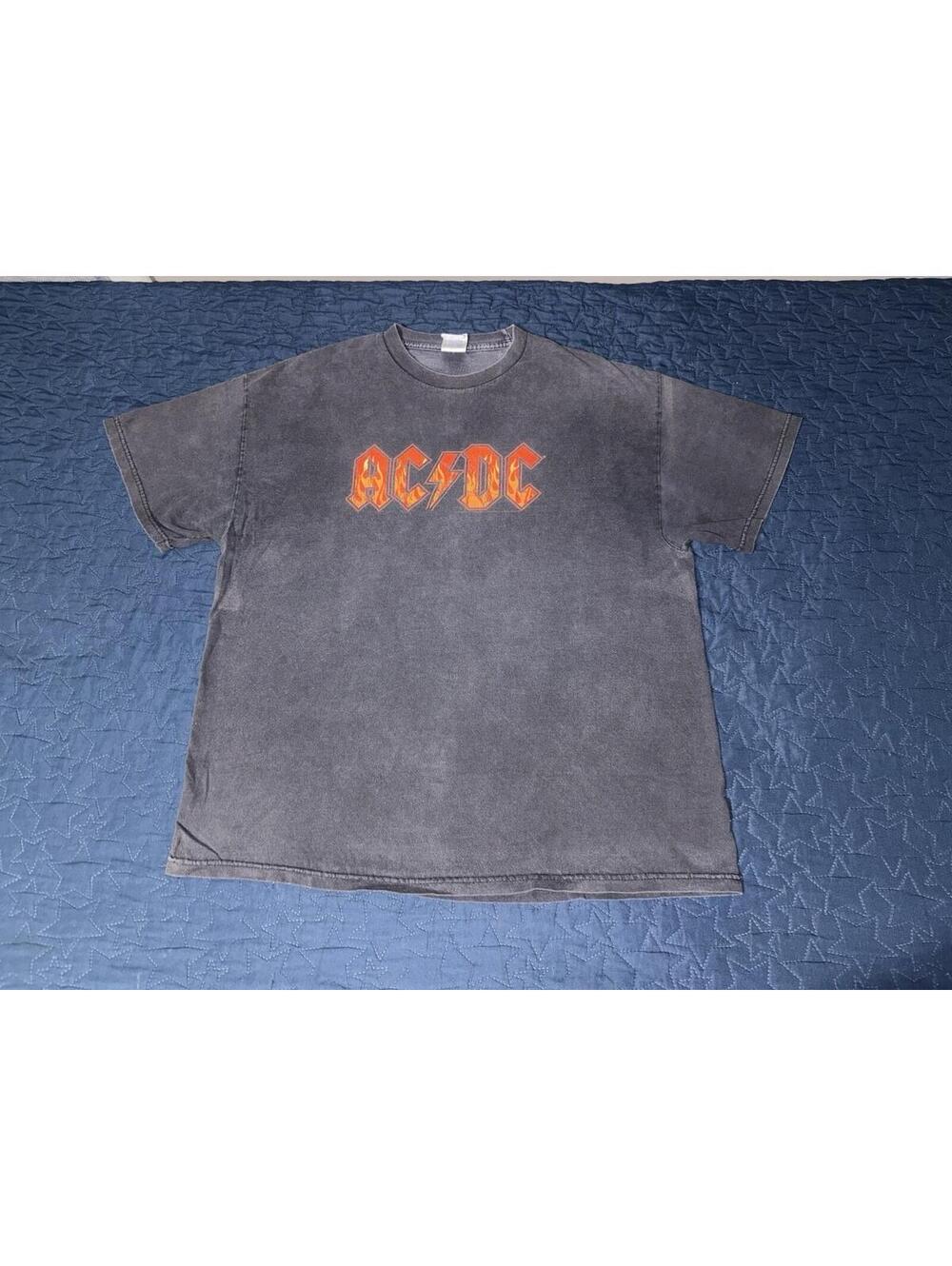 Vintage AC/DC Shirt Mens Large Gray Flame Logo Graphic Band Tee Rock 2000s y2k